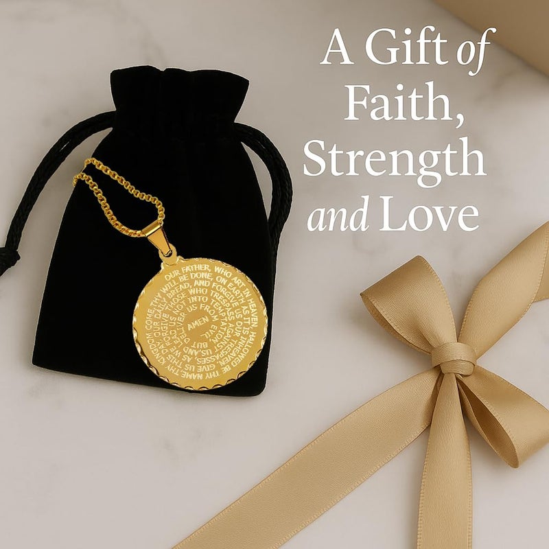 Steeltime 18K Gold Plated Stainless Steel Lords Prayer Round Pendant Necklace (Gold) - Image 3