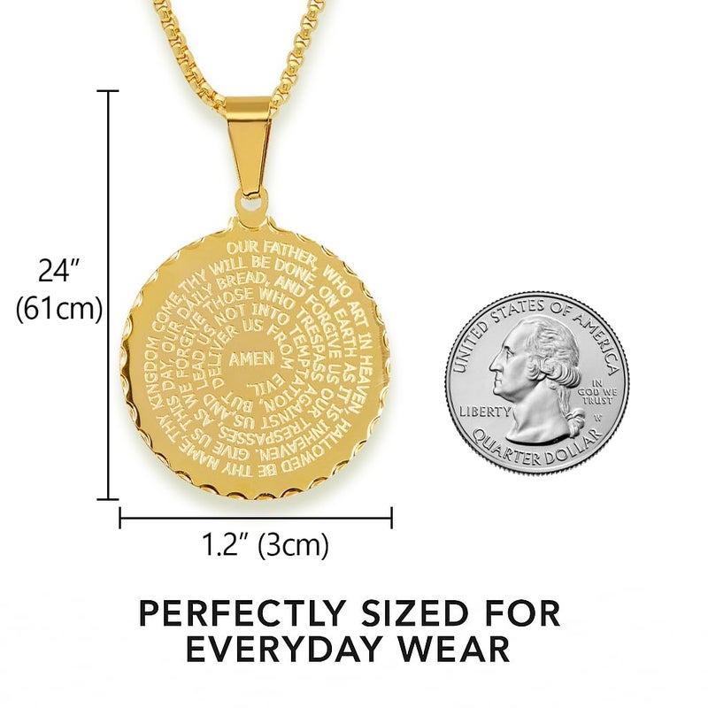 Steeltime 18K Gold Plated Stainless Steel Lords Prayer Round Pendant Necklace (Gold) - Image 4