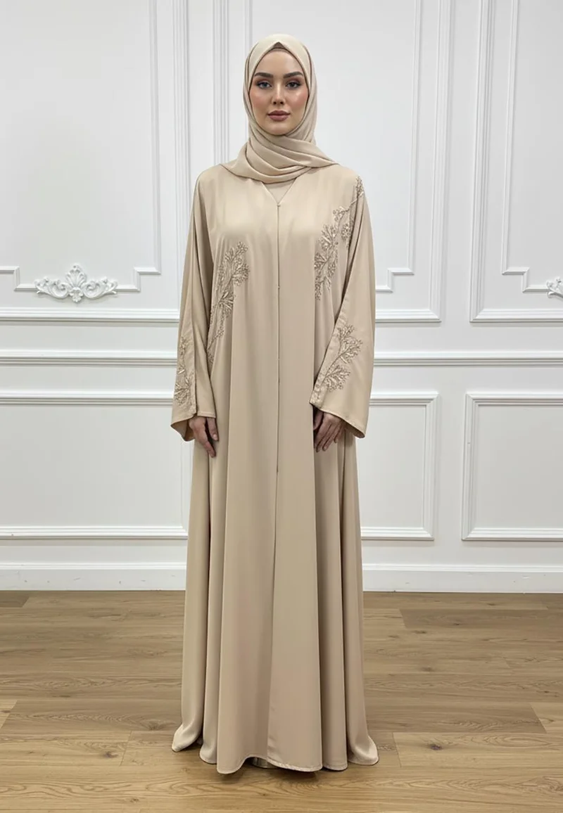 Champagne Gold Hand-Embroidered Abaya with Floral Beading-831