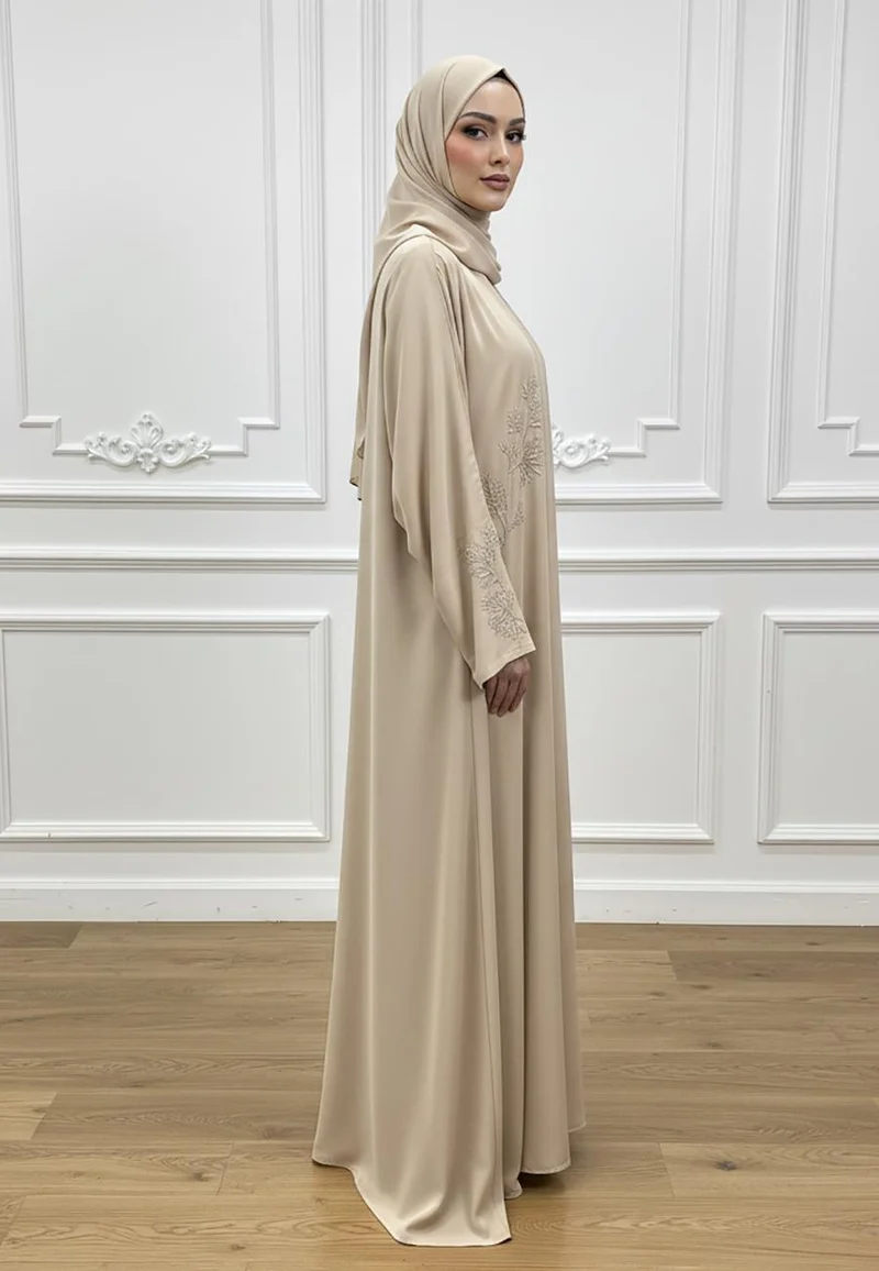 النخبة Champagne Gold Hand-Embroidered Abaya with Floral Beading-831