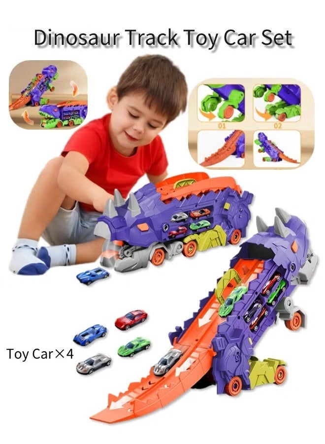 Vixplorn Dinosaur Race Tracks 7 in 1 Dinosaur Toy for Kids Ages 3-7, Dinosaur Transport Truck with 4 Metal Vehicles, City Dinosaur Ultimate Transport Track Toy, Transformable into a Standing Stampede Dinosaur Toy for Toddlers, Gift for Kids Ages 3+ for Eid, Birthday, Easter and Other Celebrations - Image 1