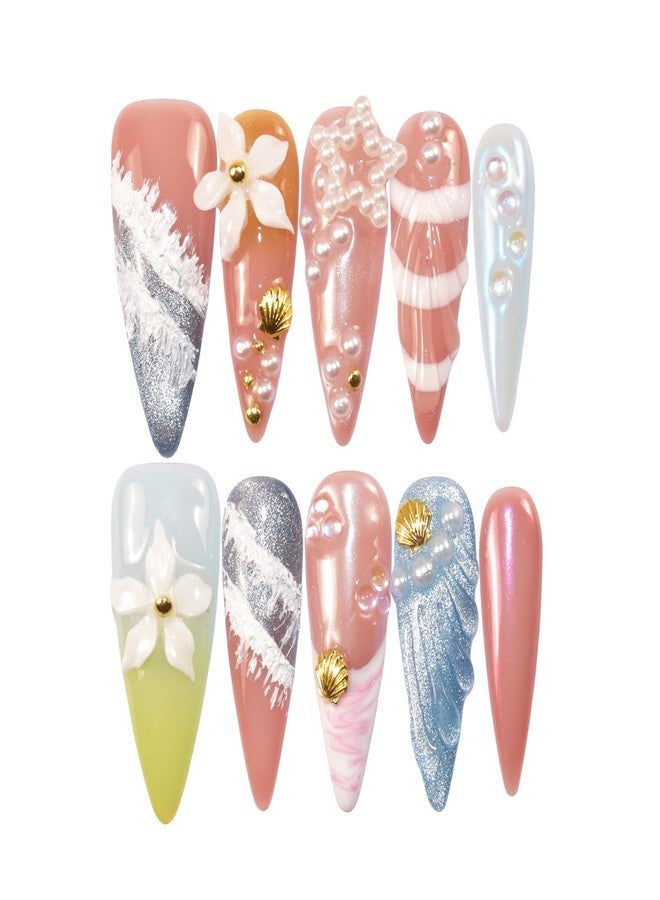 LIFOOST Summer Beach Press On Nails Handmade Gradient Cat Eye Flower Sea Shell Design Reusable Fake Nails Long Stiletto Spicy Girl Style Size Medium - Image 1
