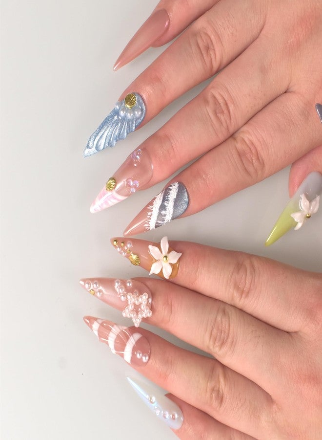 LIFOOST Summer Beach Press On Nails Handmade Gradient Cat Eye Flower Sea Shell Design Reusable Fake Nails Long Stiletto Spicy Girl Style Size Medium - Image 4