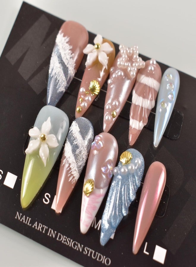 LIFOOST Summer Beach Press On Nails Handmade Gradient Cat Eye Flower Sea Shell Design Reusable Fake Nails Long Stiletto Spicy Girl Style Size Medium - Image 3