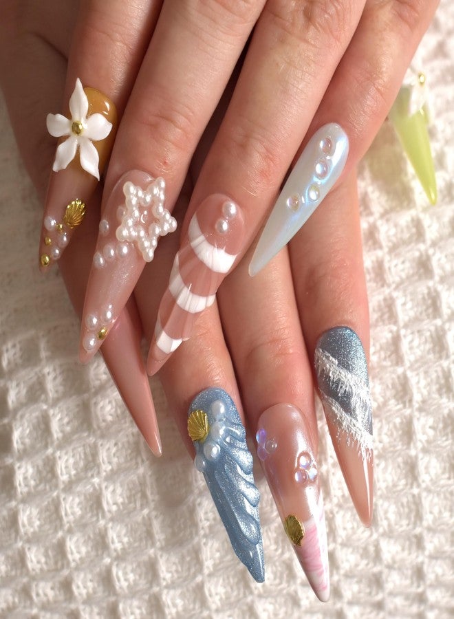 LIFOOST Summer Beach Press On Nails Handmade Gradient Cat Eye Flower Sea Shell Design Reusable Fake Nails Long Stiletto Spicy Girl Style Size Medium - Image 5