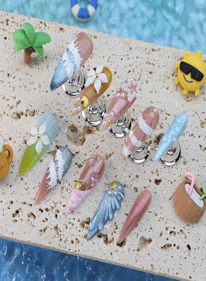 LIFOOST Summer Beach Press On Nails Handmade Gradient Cat Eye Flower Sea Shell Design Reusable Fake Nails Long Stiletto Spicy Girl Style Size Medium - Image 2