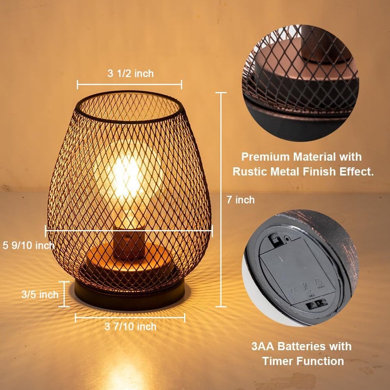 DECORKEY Set of 2 Battery Operated Lamp LED Table Lantern, Brown Metal Cage Cordless Lamps with LED Bulbï¼ŒVintage Decorative Outdoor Lantern for Weddings, Parties, Patio, Events for Indoors Shelf Decor - Image 3
