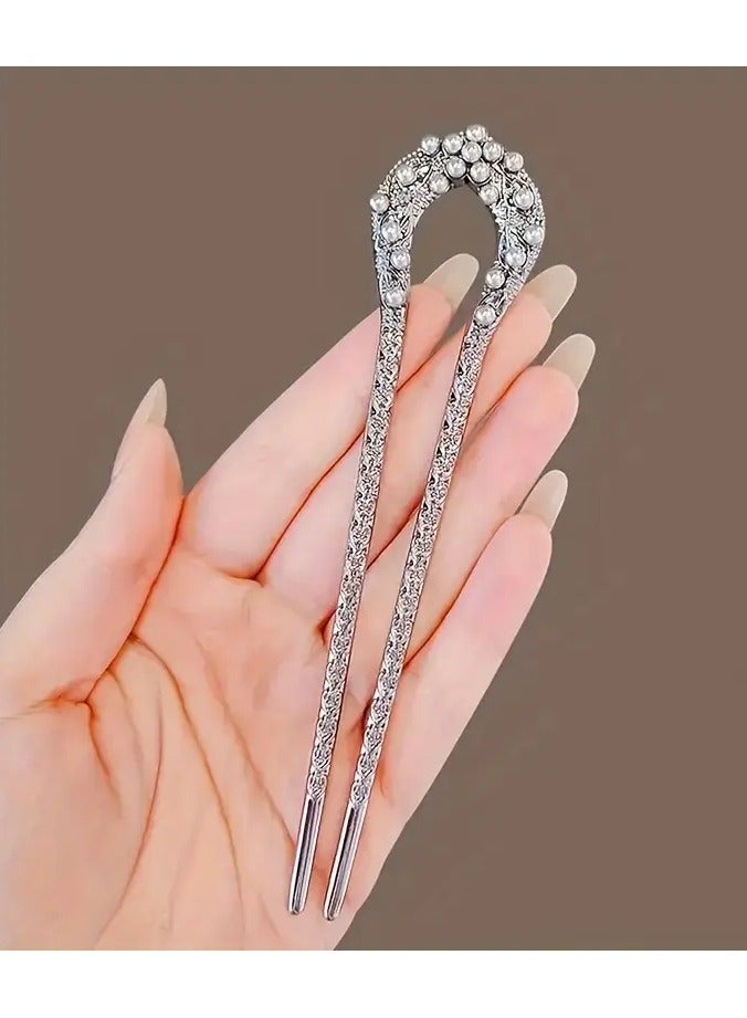 Goolsky Imitation Pearl Classical Style Zinc Alloy Hairpin, Elegant Leaf Design, U-Shaped Hairpin Accessories, Suitable for Women - Image 1