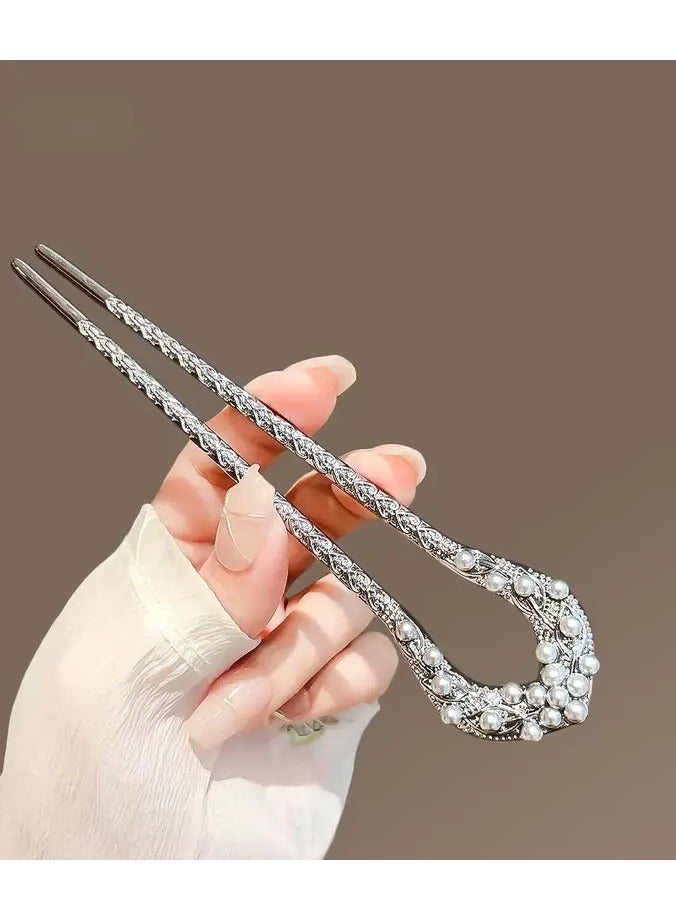 Goolsky Imitation Pearl Classical Style Zinc Alloy Hairpin, Elegant Leaf Design, U-Shaped Hairpin Accessories, Suitable for Women - Image 4