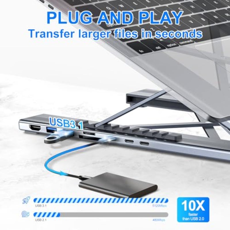 حامل محطة إرساء الكمبيوتر المحمول USB-C: الألومنيوم، أسود، محور 8 في 1 مع 4K HDMI، USB مزدوج 3.1، شحن PD 100W، توافق عالمي للتوصيل والتشغيل - Image 3