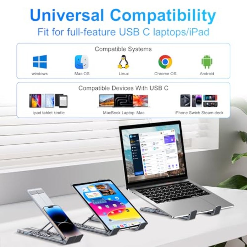 حامل محطة إرساء الكمبيوتر المحمول USB-C: الألومنيوم، أسود، محور 8 في 1 مع 4K HDMI، USB مزدوج 3.1، شحن PD 100W، توافق عالمي للتوصيل والتشغيل - Image 4