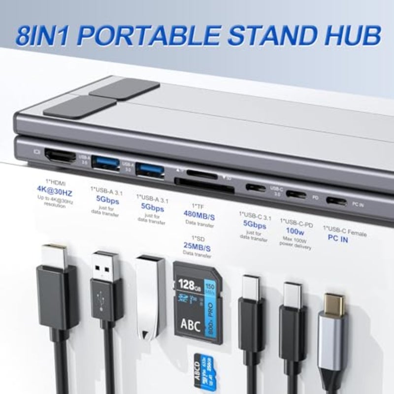 حامل محطة إرساء الكمبيوتر المحمول USB-C: الألومنيوم، أسود، محور 8 في 1 مع 4K HDMI، USB مزدوج 3.1، شحن PD 100W، توافق عالمي للتوصيل والتشغيل - Image 2