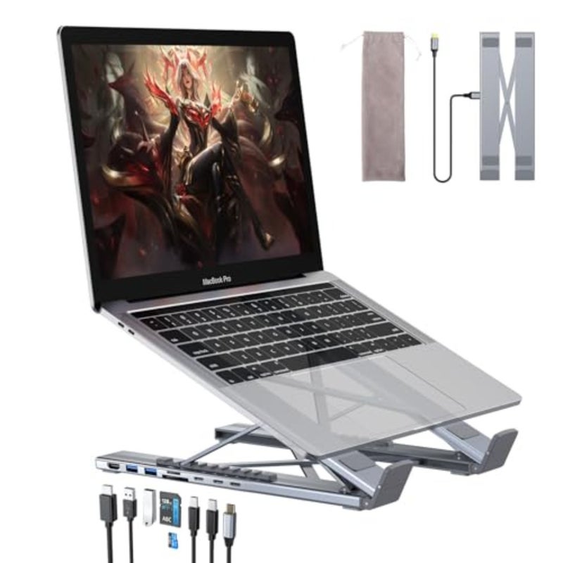 حامل محطة إرساء الكمبيوتر المحمول USB-C: الألومنيوم، أسود، محور 8 في 1 مع 4K HDMI، USB مزدوج 3.1، شحن PD 100W، توافق عالمي للتوصيل والتشغيل - Image 1