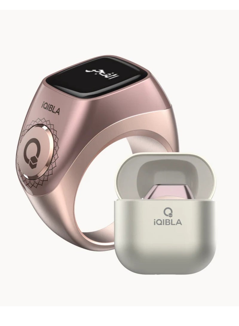 iQIBLA Smart Tasbih Zikr Ring 0.42" Wide Display Powerful Battery Backup OLED Display F04 Flex Pro Smart Ring App Operated Tasbih Counter IP67 Waterproof iQibla Smart Zikr Ring Compatible Three Sizes 18MM, 20MM, 22MM With Charging Case Aluminium Alloy iQibla Zikr Ring Rose Gold - Image 1