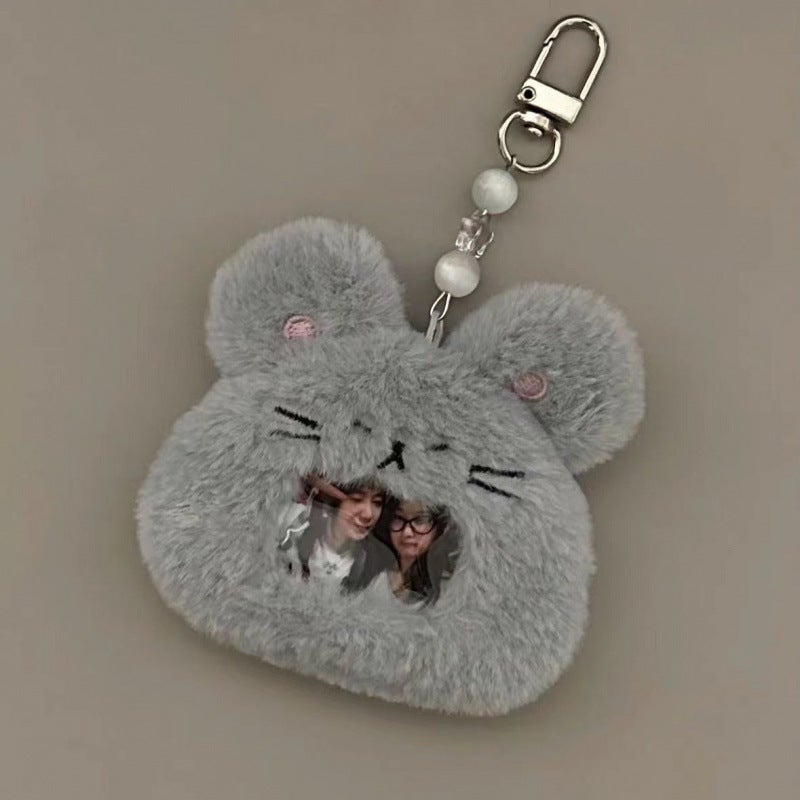 Cute Cartoon Earmuff Cat Plush Card Holder 3inch Polaroid Idol Photo Card Campus Card Meal Card Storage Pendant [gray 1inch mouse card pack bead chain]