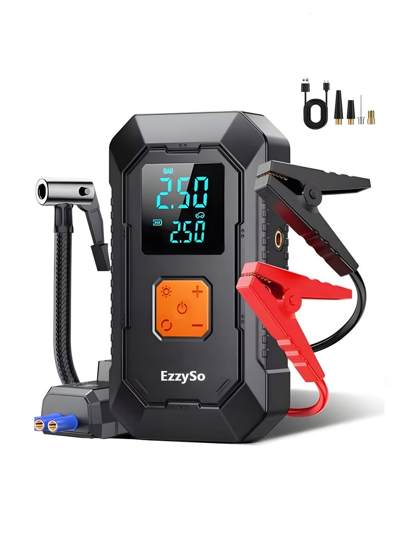 EzzySo Jump Starter with Air Compressor 700A 12V 150PSI 29.6Wh Car Battery Jump Starter 5.0L Gas 3.0L Diesel Smart Jumper with Display and Emergency Light - Image 1