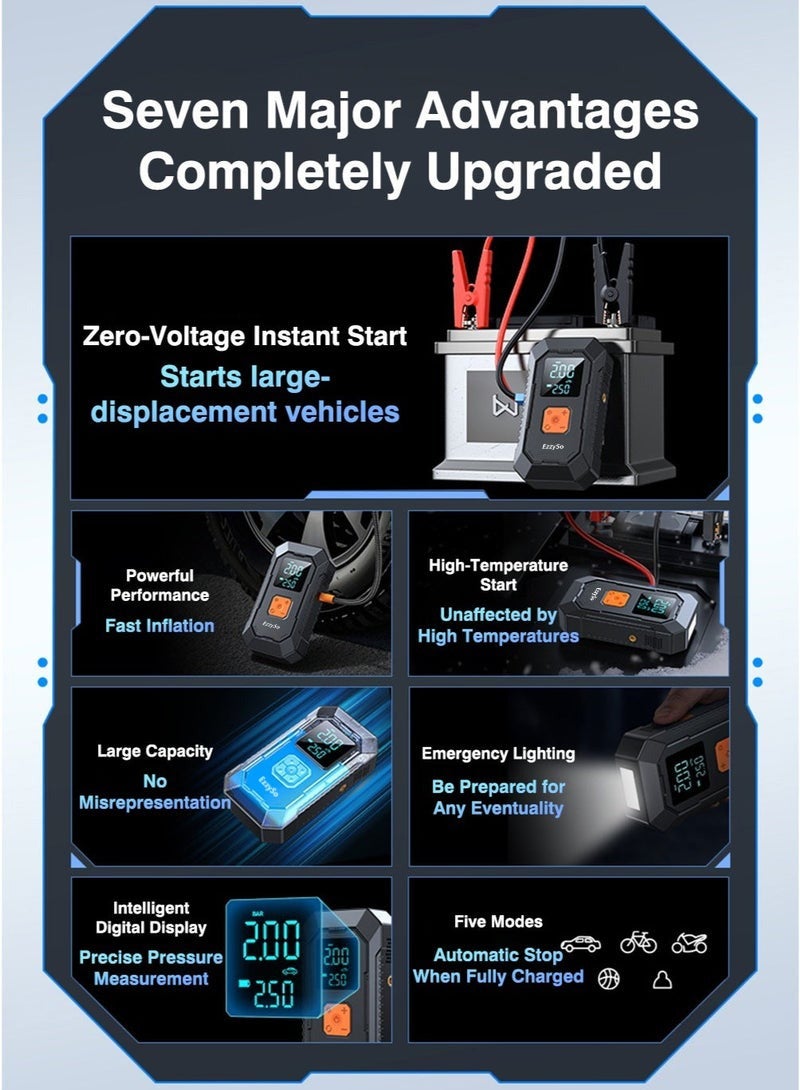 EzzySo Jump Starter with Air Compressor 700A 12V 150PSI 29.6Wh Car Battery Jump Starter 5.0L Gas 3.0L Diesel Smart Jumper with Display and Emergency Light - Image 2