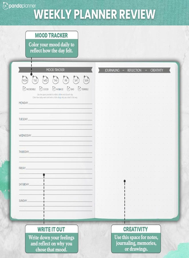 Panda Planner 12-Month Mental Health Journal - Undated Wellness Planner with Mood Tracker, Gratitude Prompts & Daily Reflections - Soft Cloth Hardcover Self-Care Organizer with Notes & Doodle Pages (Green) - Image 3