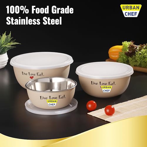 URBAN CHEF Mixing Bowl Set of 3 Stainless Steel (500ml, 800ml,1250ml) | Microwave Safe & Dishwasher Safe | Bowl Set with Lid for Gift | Bowls for Snacks | Serving Bowls Kitchen Accessories -Cream - Image 4