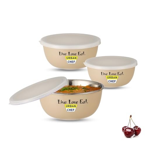 URBAN CHEF Mixing Bowl Set of 3 Stainless Steel (500ml, 800ml,1250ml) | Microwave Safe & Dishwasher Safe | Bowl Set with Lid for Gift | Bowls for Snacks | Serving Bowls Kitchen Accessories -Cream - Image 1