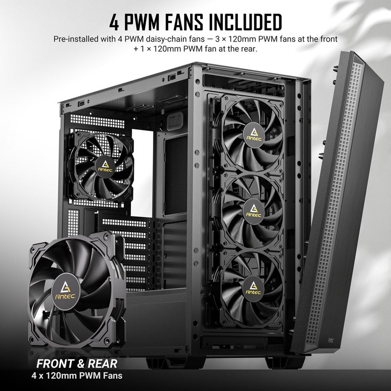 Antec P7 S, 4 x 120mm PWM Fans Included, Dual Side Front Mesh Intake, 360mm Top Radiator Support, Type-C 3.2 Gen 2, Sound-Dampening Side Panels, Mid-Tower ATX PC Case - Image 3