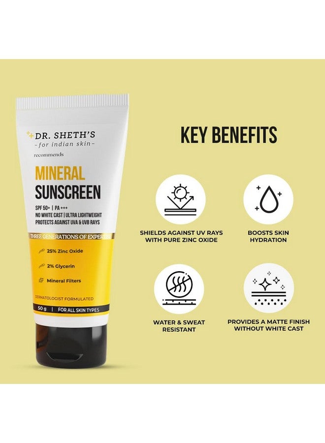 Dr. Sheth's Mineral Sunscreen Spf 50 Pa+++ Water Proof Sunscreen No White Cast Quickabsorbing Ultra Lightweight & Nonsticky 25% Zinc Oxide For All Skin Types For Women & Men 50G - Image 2