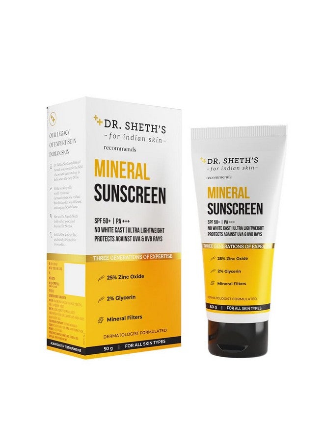 Dr. Sheth's Mineral Sunscreen Spf 50 Pa+++ Water Proof Sunscreen No White Cast Quickabsorbing Ultra Lightweight & Nonsticky 25% Zinc Oxide For All Skin Types For Women & Men 50G - Image 1