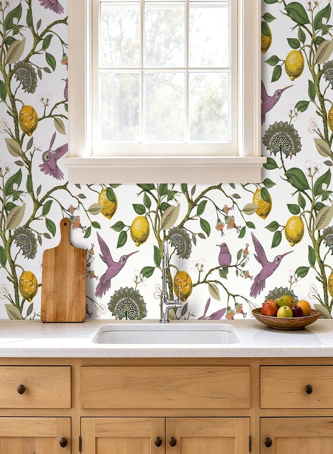 LACHEERY Removable Hummingbird Wallpaper Purple Bird Lemon Tree Peel and Stick Wallpaper Birds Vintage Flowers Floral Wall Paper Lemon Contact Paper for Cabinets Bathroom Walls Waterproof 17.5"x79" - Image 4