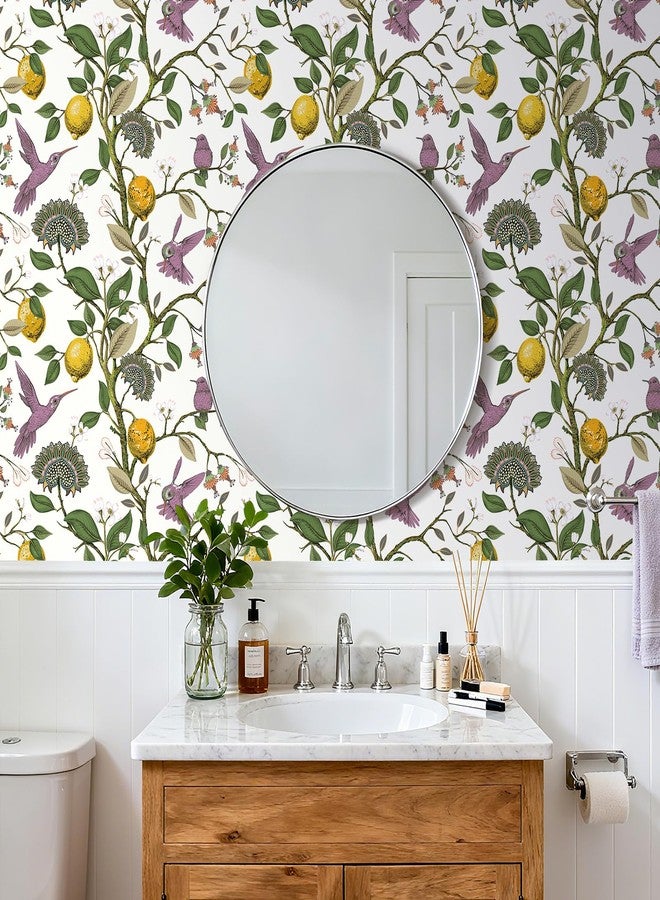 LACHEERY Removable Hummingbird Wallpaper Purple Bird Lemon Tree Peel and Stick Wallpaper Birds Vintage Flowers Floral Wall Paper Lemon Contact Paper for Cabinets Bathroom Walls Waterproof 17.5"x79" - Image 2