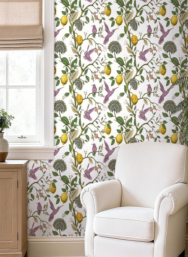 LACHEERY Removable Hummingbird Wallpaper Purple Bird Lemon Tree Peel and Stick Wallpaper Birds Vintage Flowers Floral Wall Paper Lemon Contact Paper for Cabinets Bathroom Walls Waterproof 17.5"x79" - Image 3