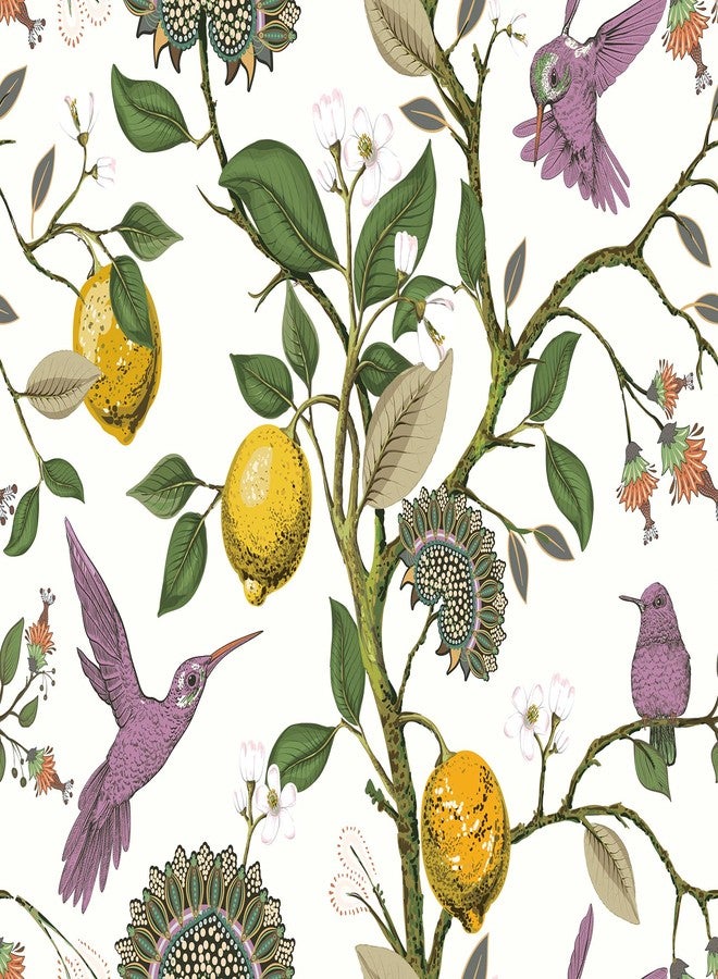 LACHEERY Removable Hummingbird Wallpaper Purple Bird Lemon Tree Peel and Stick Wallpaper Birds Vintage Flowers Floral Wall Paper Lemon Contact Paper for Cabinets Bathroom Walls Waterproof 17.5"x79" - Image 1