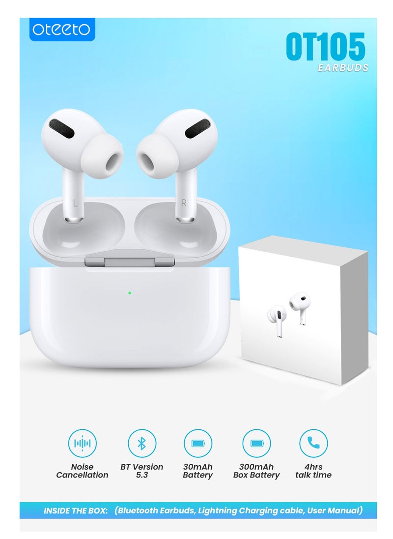 Oteeto - Oteeto Airpods Pro OT-105 Pro TWS In-Ear Earphones Wireless Earbuds With Replacement Eartips Standard Version White - Image 1