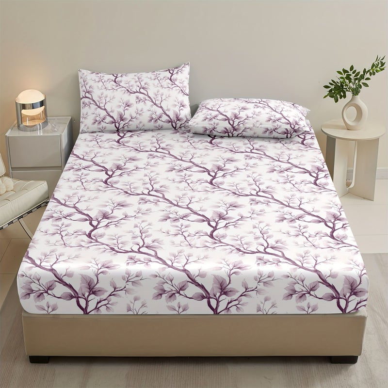 3pcs Fitted Sheet Bedding Purple Leaves Pattern Mattress Protector Soft Breathable Fabric Available In Ten Sizes Includes 1 Fitted Sheet And 2 Pillowcases No Pillow Inserts Skin Friendly Comfortable Bedding Set - Image 5