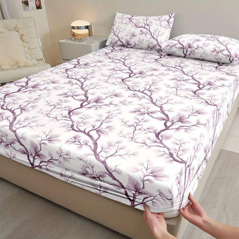 3pcs Fitted Sheet Bedding Purple Leaves Pattern Mattress Protector Soft Breathable Fabric Available In Ten Sizes Includes 1 Fitted Sheet And 2 Pillowcases No Pillow Inserts Skin Friendly Comfortable Bedding Set - Image 2