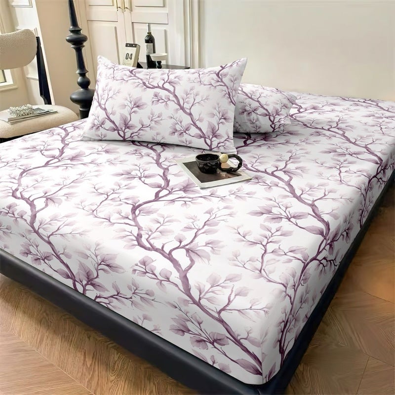 3pcs Fitted Sheet Bedding Purple Leaves Pattern Mattress Protector Soft Breathable Fabric Available In Ten Sizes Includes 1 Fitted Sheet And 2 Pillowcases No Pillow Inserts Skin Friendly Comfortable Bedding Set - Image 1