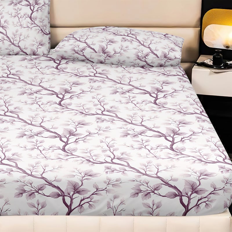3pcs Fitted Sheet Bedding Purple Leaves Pattern Mattress Protector Soft Breathable Fabric Available In Ten Sizes Includes 1 Fitted Sheet And 2 Pillowcases No Pillow Inserts Skin Friendly Comfortable Bedding Set - Image 4