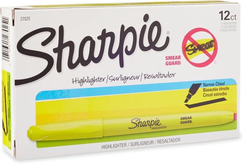Sharpie Pocket Style Highlighters, Chisel Tip, Fluorescent Yellow, Box of 12 - Image 1