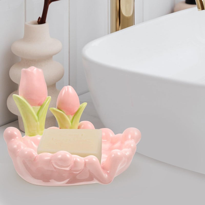 Ceramic Soap Dish Tulip Cloud Shape Self Draining Pink Bathroom Soap Holder Tray - Image 4