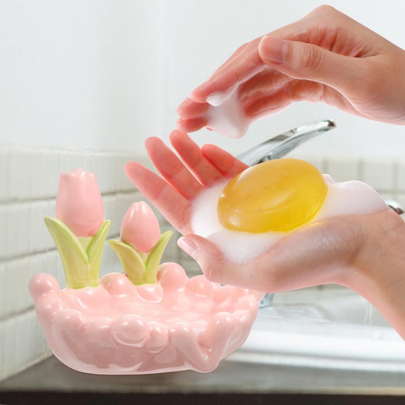 Ceramic Soap Dish Tulip Cloud Shape Self Draining Pink Bathroom Soap Holder Tray - Image 5