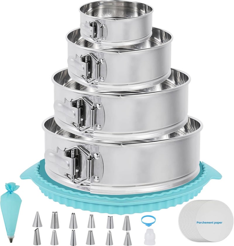 Aufind Springform Pan Set for Baking (4,7,9,10inches), 304 Stainless Steel Springform Cake Pan with Removable Bottom, Cheesecake Pan with 50PCS Parchment Paper for Pie Cake Pizza and Quiches - Image 1