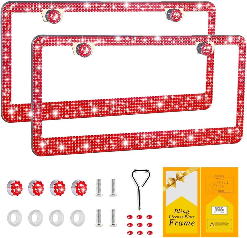 FIISFIIS Bling License Plate Frame for Women - 2 Pack Premium Stainless Steel Rhinestone Holder - Handmade Glitter Crystal Diamond Cover - Red