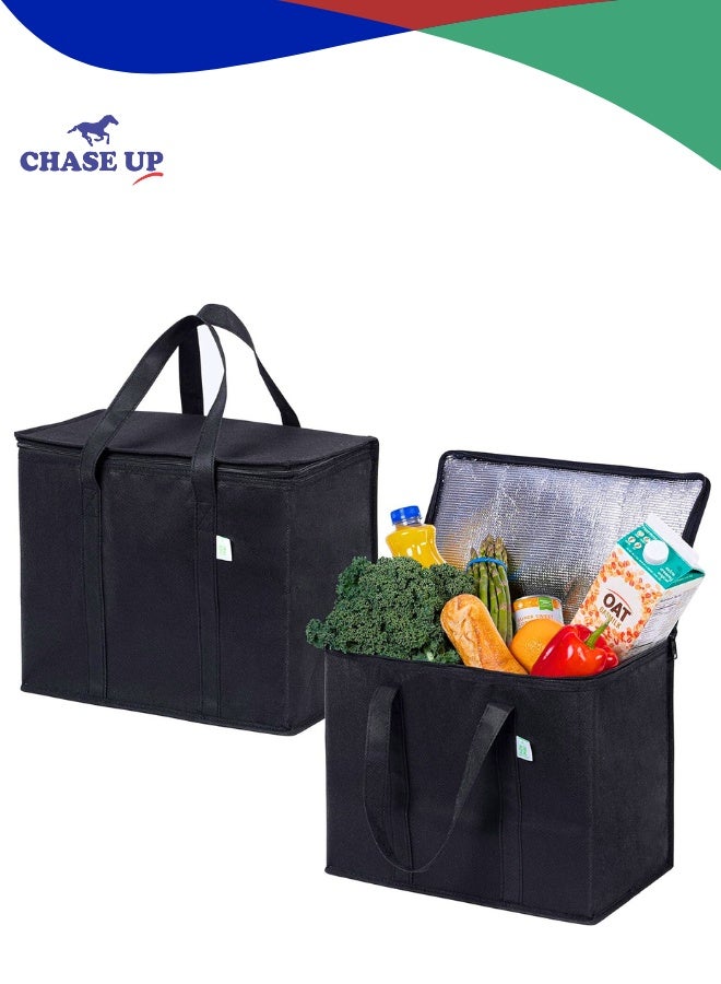 Chase Up 2 Pack Insulated Reusable Grocery Shopping Bag, Food Delivery, Cooler Bag, Heavy Duty, Large Size, Durable Handles, Dual Tab Zips, Lid, Stands Upright, Collapsible, Sustainable (Black, 2 Pack) - Image 1