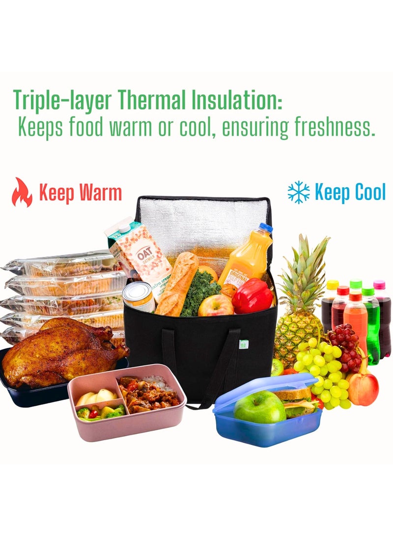 Chase Up 2 Pack Insulated Reusable Grocery Shopping Bag, Food Delivery, Cooler Bag, Heavy Duty, Large Size, Durable Handles, Dual Tab Zips, Lid, Stands Upright, Collapsible, Sustainable (Black, 2 Pack) - Image 2