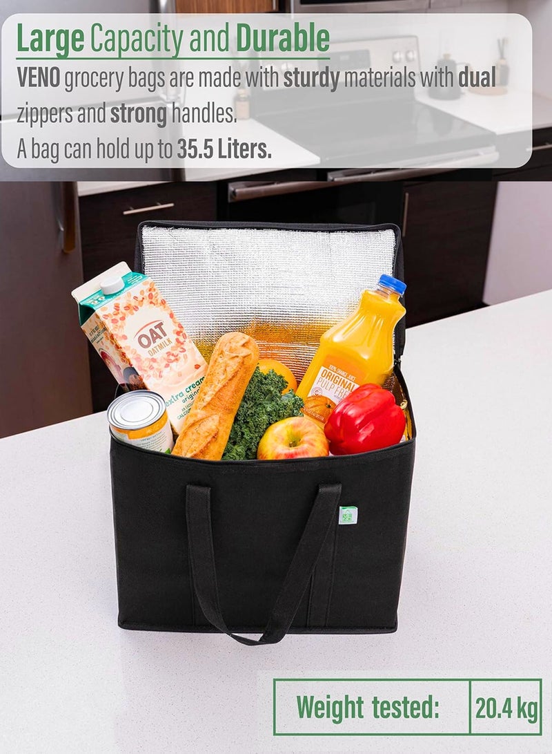 Chase Up 2 Pack Insulated Reusable Grocery Shopping Bag, Food Delivery, Cooler Bag, Heavy Duty, Large Size, Durable Handles, Dual Tab Zips, Lid, Stands Upright, Collapsible, Sustainable (Black, 2 Pack) - Image 3