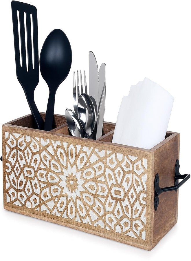 TrendBell Wooden Utensil Caddy for Kitchen Countertop 3-Slot , Multi-Purpose Wooden Desk Organizer Work Desk, Bathroom, Cutlery Caddy, Office Supplies Organizer - 11 X 4.5 Inches - Image 1