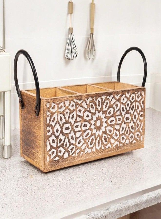 TrendBell Wooden Utensil Caddy for Kitchen Countertop 3-Slot , Multi-Purpose Wooden Desk Organizer Work Desk, Bathroom, Cutlery Caddy, Office Supplies Organizer - 11 X 4.5 Inches - Image 2
