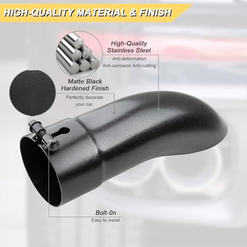 Vurkcy 3.5 inch Inlet Curved Exhaust Tip, 3.5" Outlet 12" Overall Length Stainless Steel Turn Down Exhaust Tail Pipe, Bolt-On, Sleek Angle Cut, Polished Tailpipe, Black - Image 2