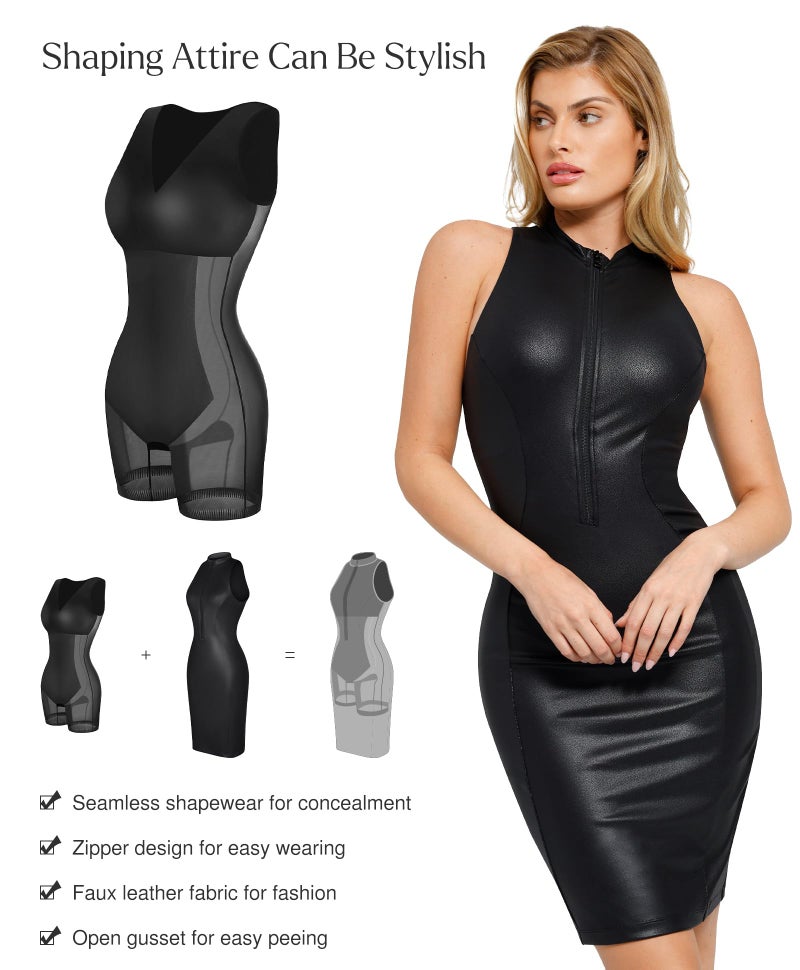 Popilush Faux Leather Dress for Women - Midi V Neck Dresses Shapewear Body con Dress Women - Date Night Outfit Black - Image 3
