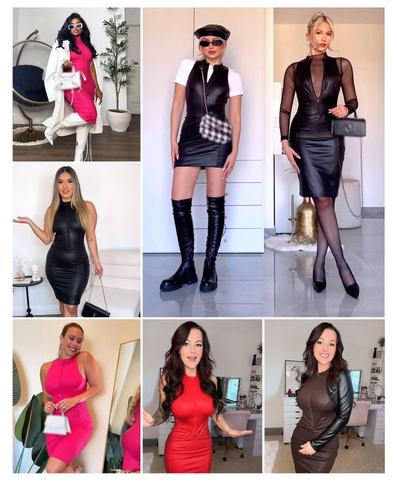Popilush Faux Leather Dress for Women - Midi V Neck Dresses Shapewear Body con Dress Women - Date Night Outfit Black - Image 2