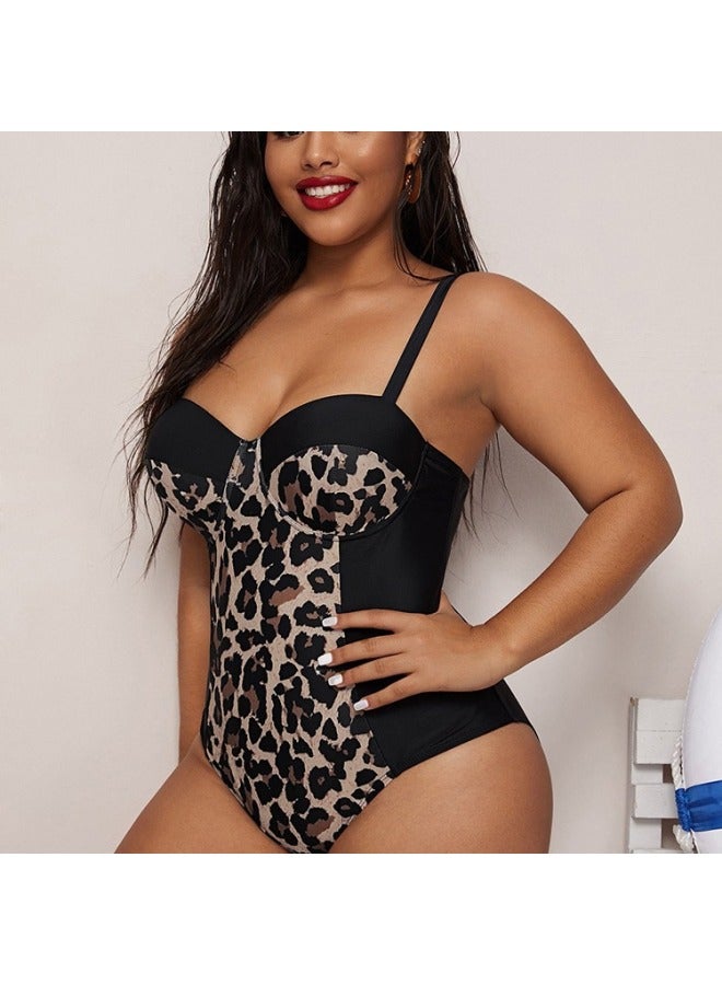 Generic European And American Plus Size One-piece Steel Leopard Bikini Slim Ins Style Bikini Swimsuit Women-Color:Black Leopard Print-Size:1XL  - Image 5